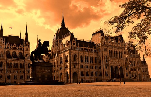 The Hungarian Parliament in red in Budapest
